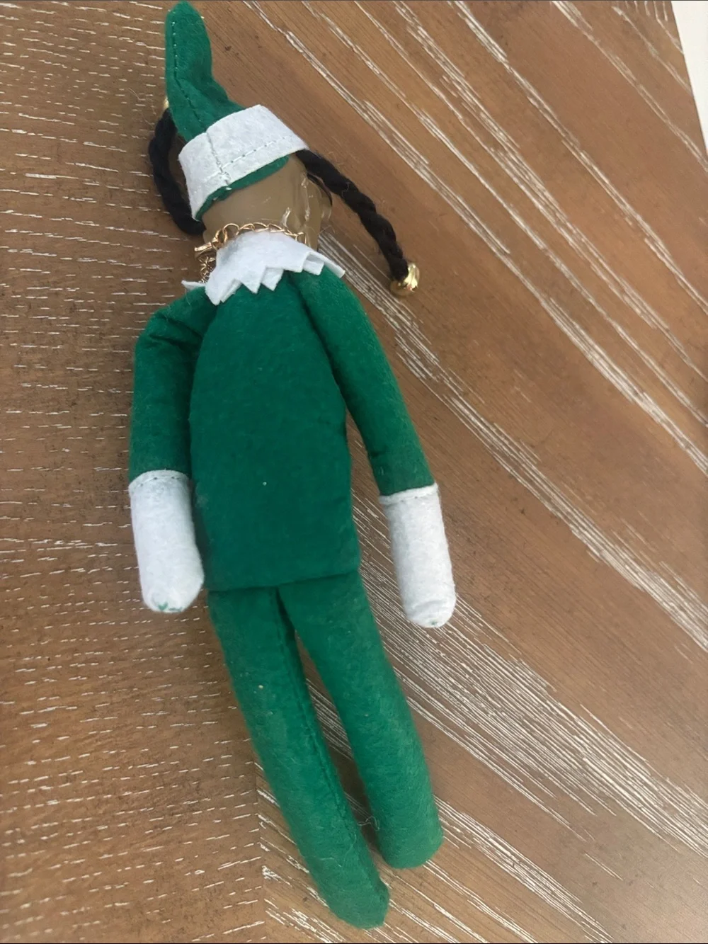 Green Holiday Elf Doll with White Trim and Gold Leaf Charm